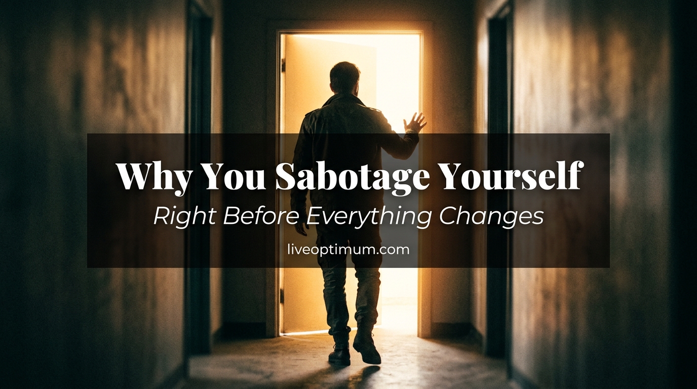 Person hesitating before a glowing doorway representing self sabotage before success.
