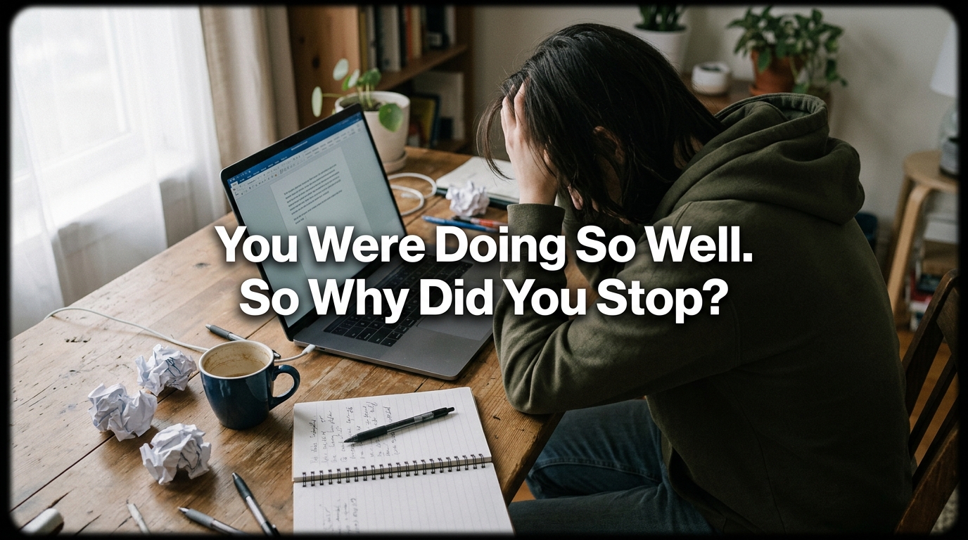 Person abandoning work at desk representing self sabotage pattern in daily life.