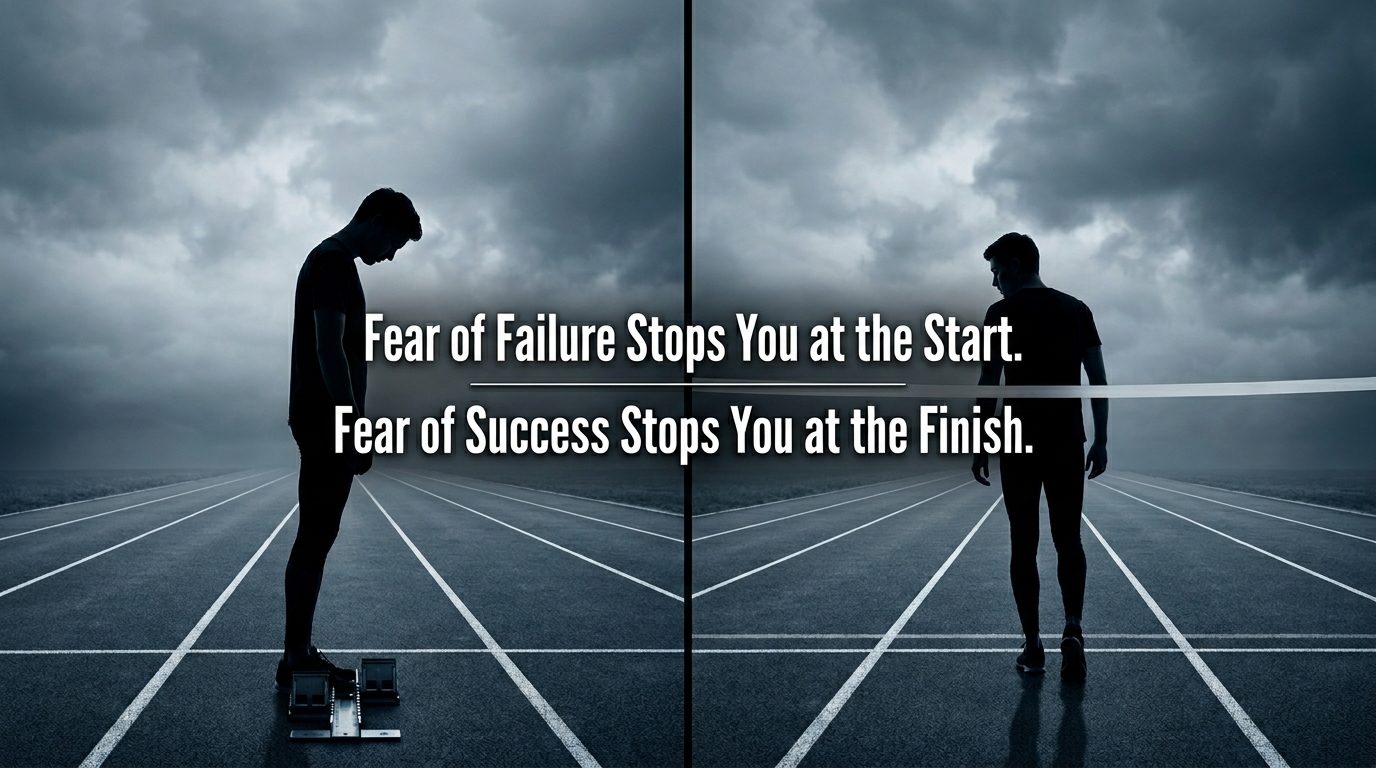 Split image showing fear of failure and fear of success both causing self sabotage at different stages.