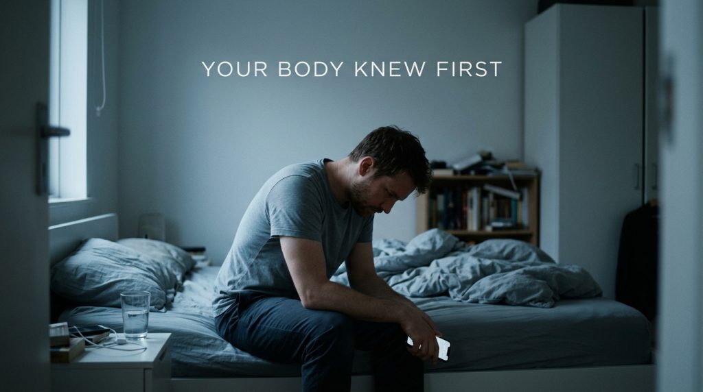 Man showing early burnout symptoms sitting exhausted on the edge of his bed at dawn.