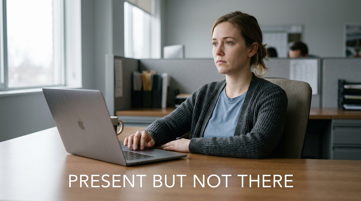 Burnout Symptoms: What Your Body Tells You First 3 Person showing mental burnout symptoms like brain fog and detachment at a laptop.