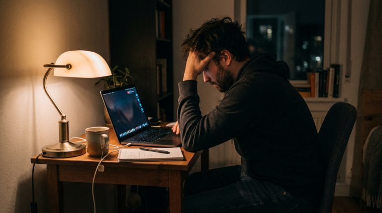 mentally exhausted man sitting at desk late at night.