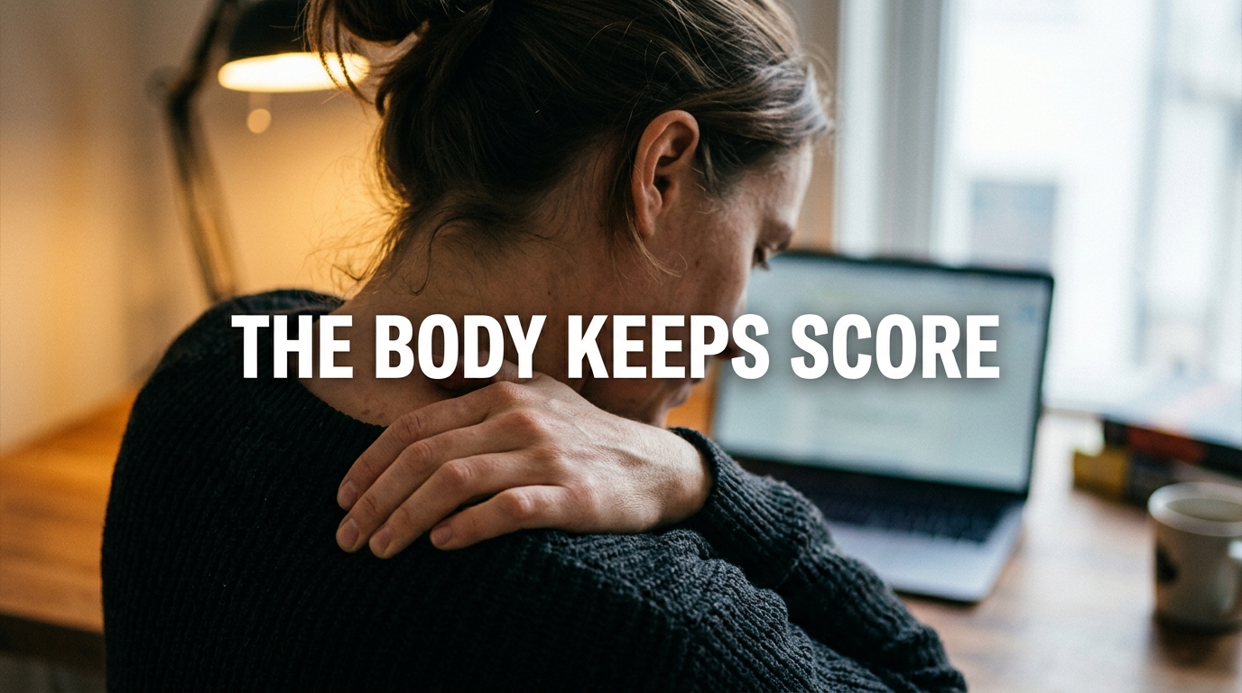 Burnout Symptoms: What Your Body Tells You First 2 Person experiencing physical burnout symptoms with tense shoulders at a desk.