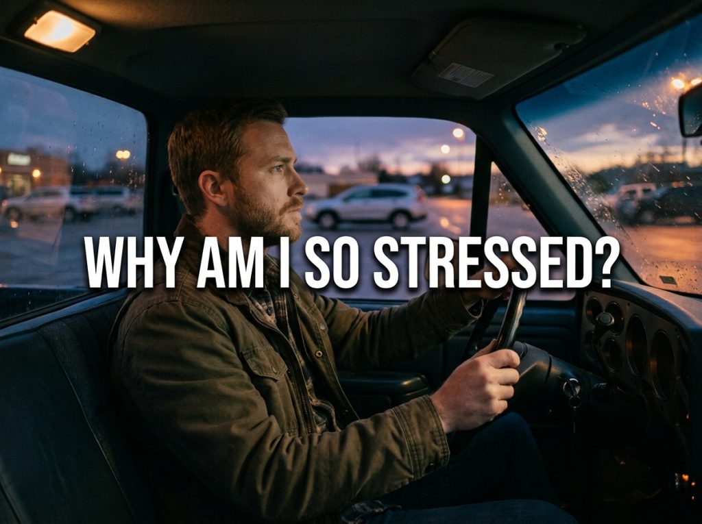 Man asking why am i so stressed while sitting tense in his truck at dusk.