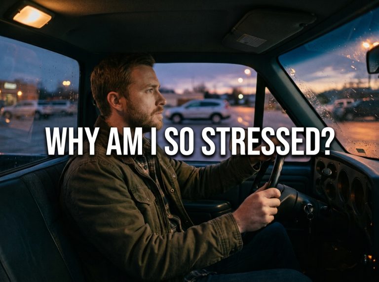 Man asking why am i so stressed while sitting tense in his truck at dusk.