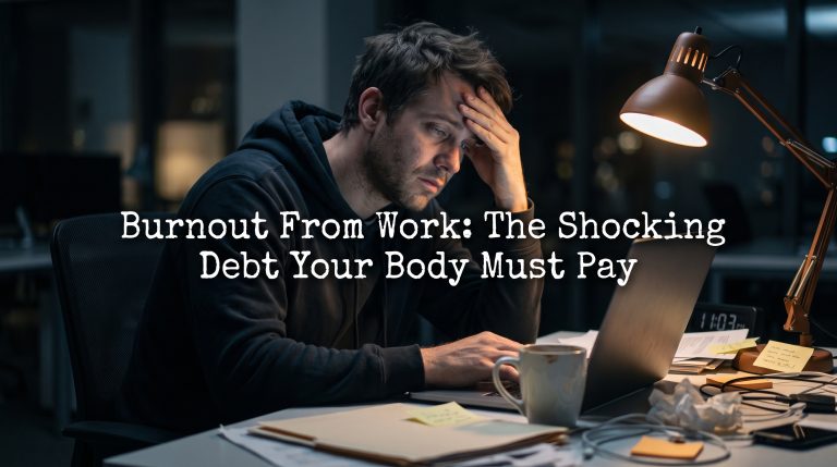 Exhausted man at a desk late at night, visual representation of burnout from work.