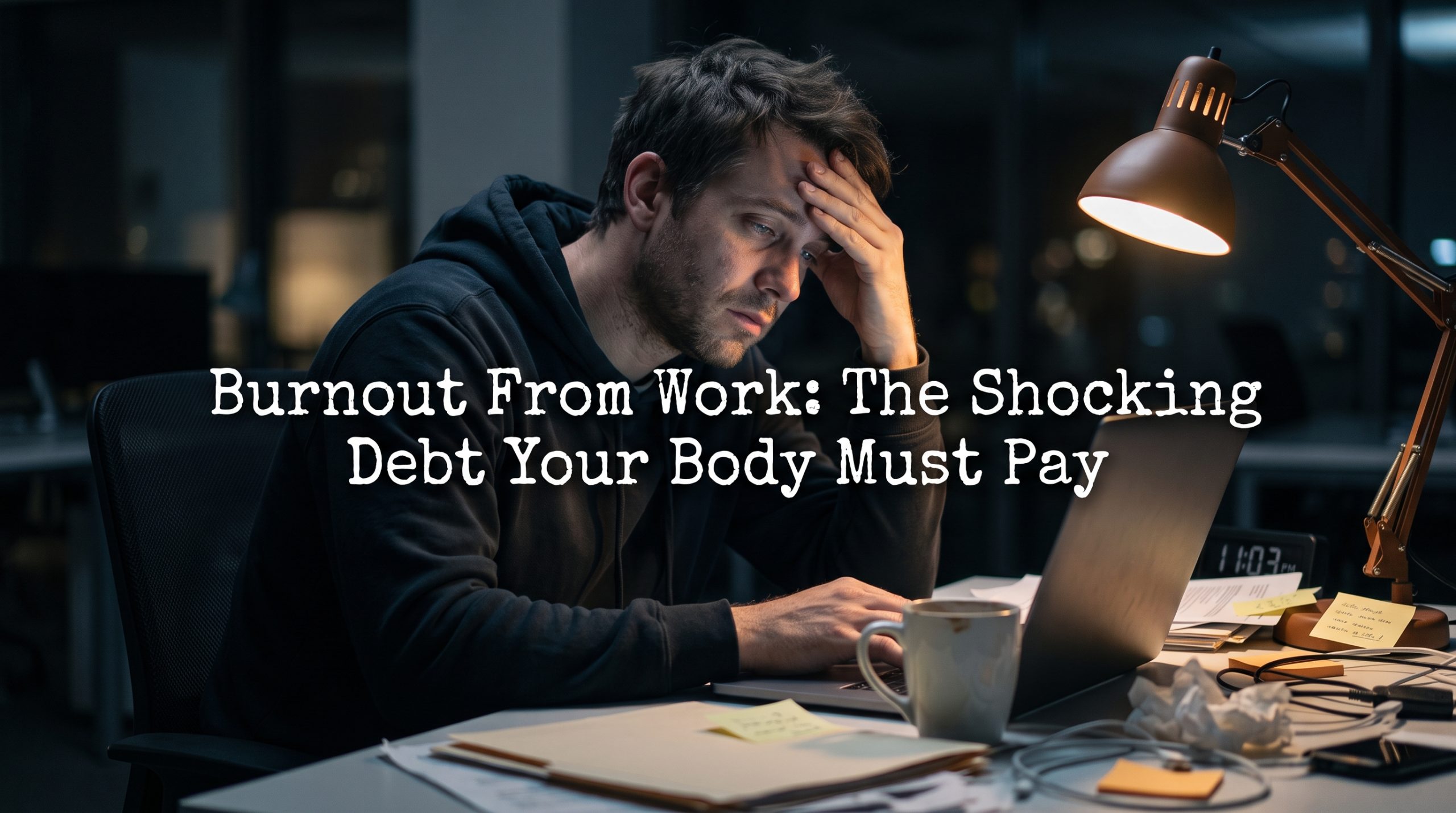 Exhausted man at a desk late at night, visual representation of burnout from work.