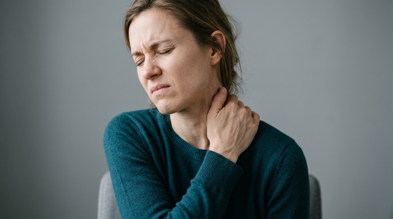 Burnout From Work: The Shocking Debt Your Body Must Pay 2 Person gripping tense neck and shoulders, illustrating the physical effects of burnout from work.