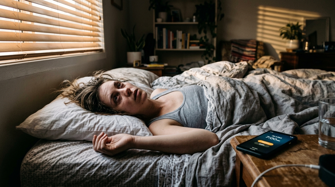 Burnout From Work: The Shocking Debt Your Body Must Pay 4 Person lying awake in bed at sunrise looking exhausted, an early sign of burnout from work.