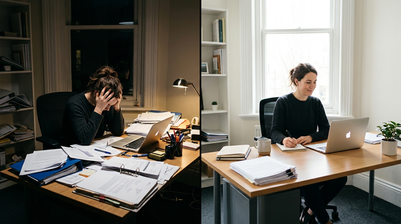 Burnout From Work: The Shocking Debt Your Body Must Pay 3 Split image comparing an overwhelmed worker and a calm worker, showing different responses to burnout from work.