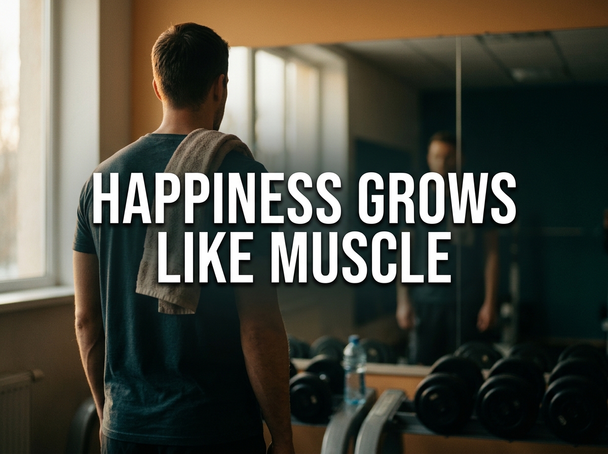 Man in a quiet gym facing a mirror after a workout with the text Happiness Grows Like Muscle