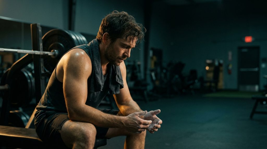 Lifter resting on a gym bench wondering how long for muscle to recover after a hard session