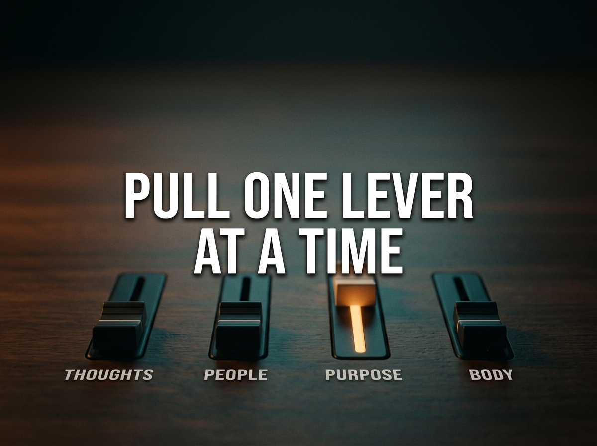 Four sliders labelled thoughts, people, purpose, and body with one glowing and the text Pull One Lever At A Time.