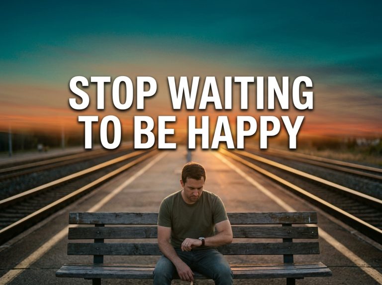 Man waiting on an empty train platform bench at sunset with the text Stop Waiting To Be Happy