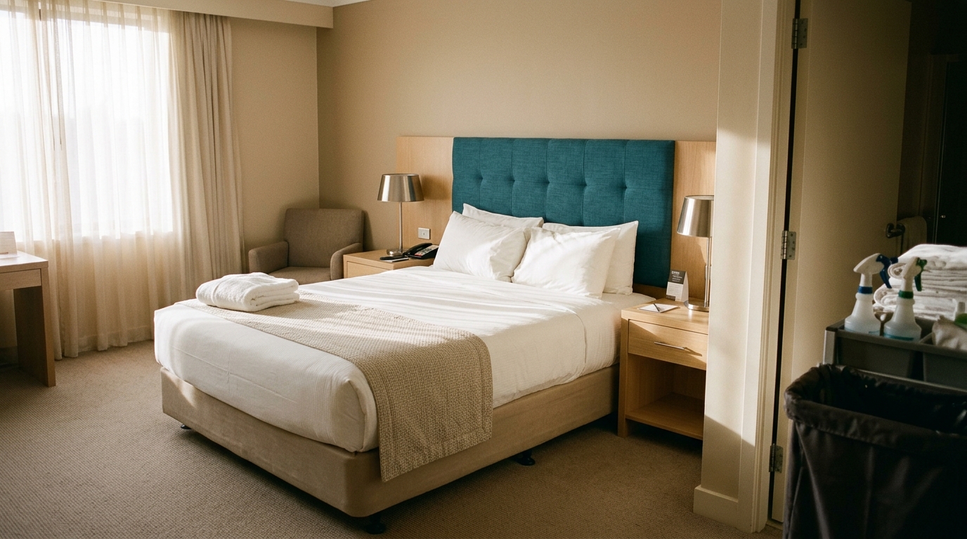 Hotel room that looks ready but is not inspected, a metaphor for how long for muscle to recover