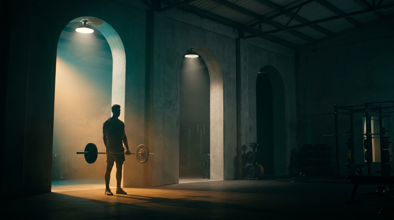 Three glowing gates in a gym showing a simple check for how long for muscle to recover before training